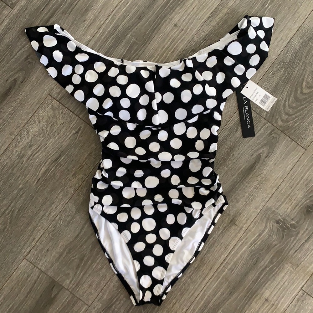NWT-La Blanca One-Piece-Black/White Polka Dot-Ruched/Slimming Bathing Suit Sz 10